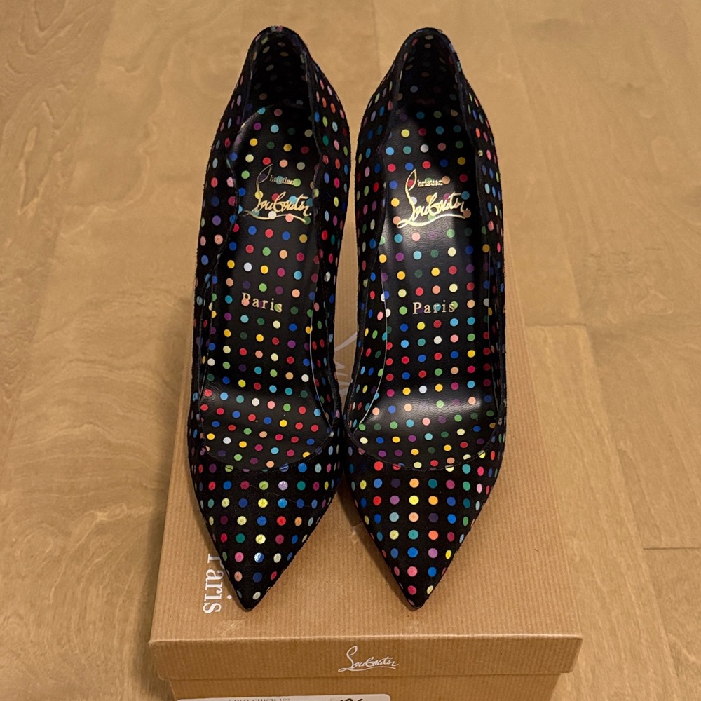 Christian Louboutin Black Hot Chick 100 Multi Polka Dot Suede Pointed Toe Pump